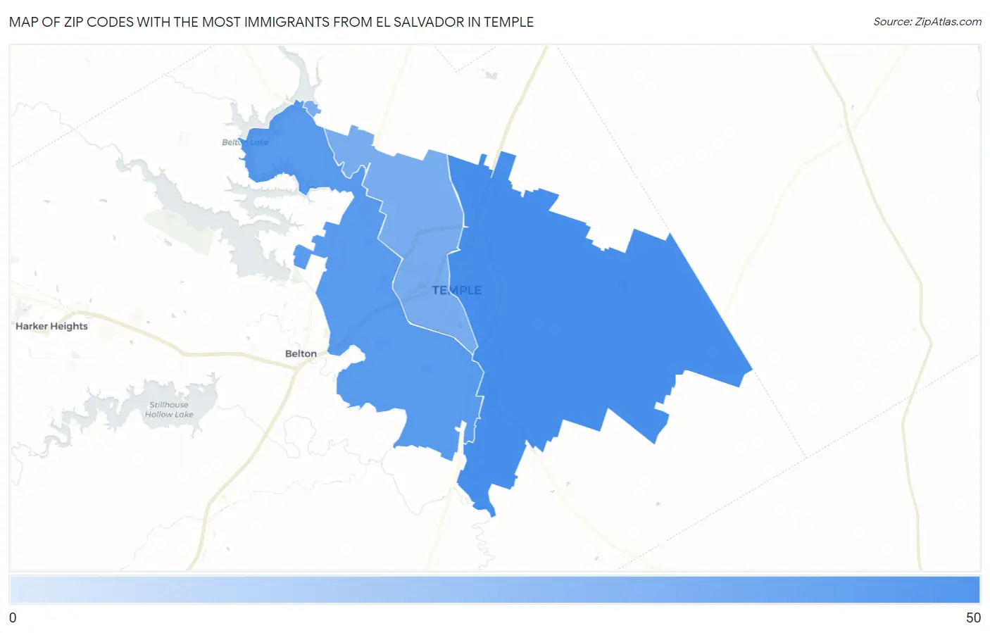 Zip Codes with the Most Immigrants from El Salvador in Temple Map
