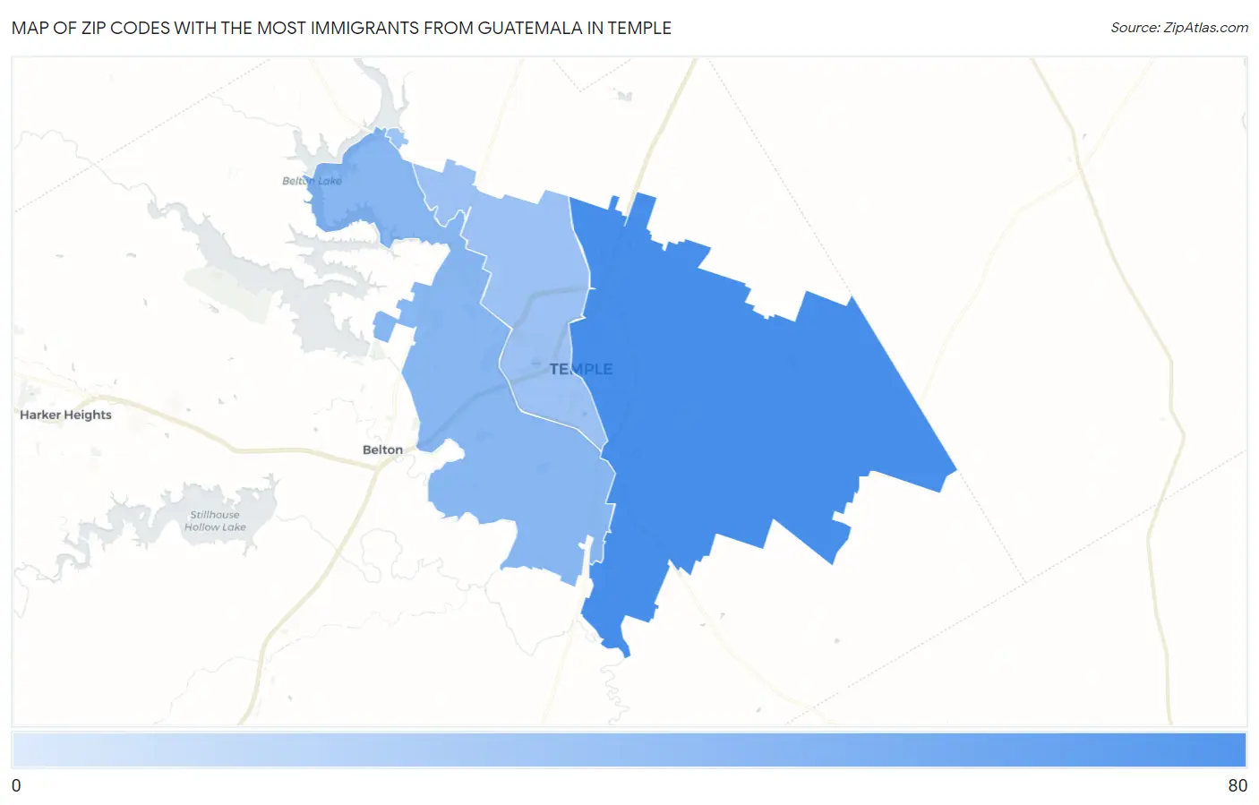 Zip Codes with the Most Immigrants from Guatemala in Temple Map