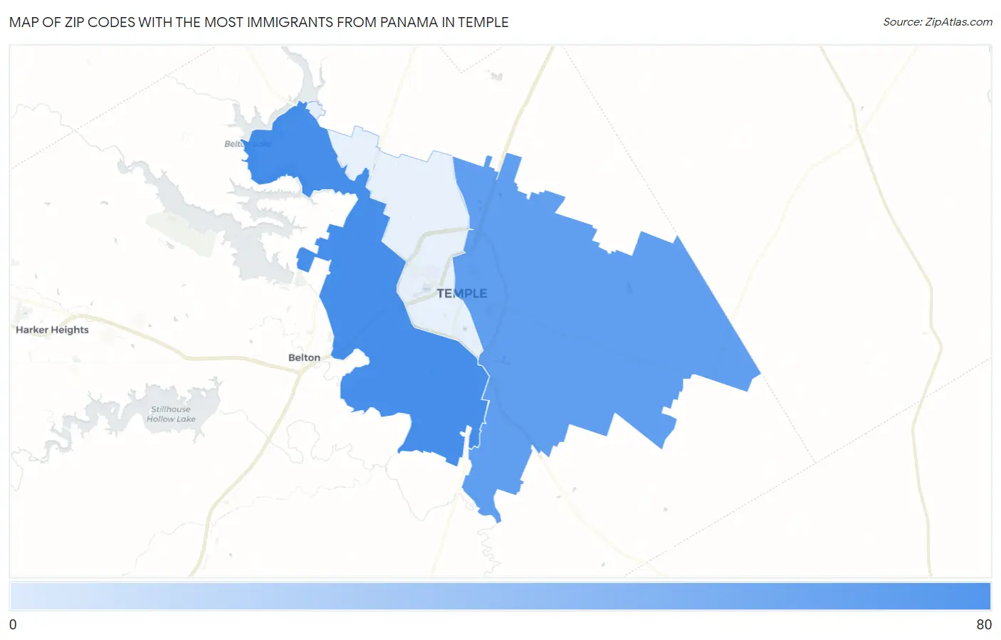 Zip Codes with the Most Immigrants from Panama in Temple Map