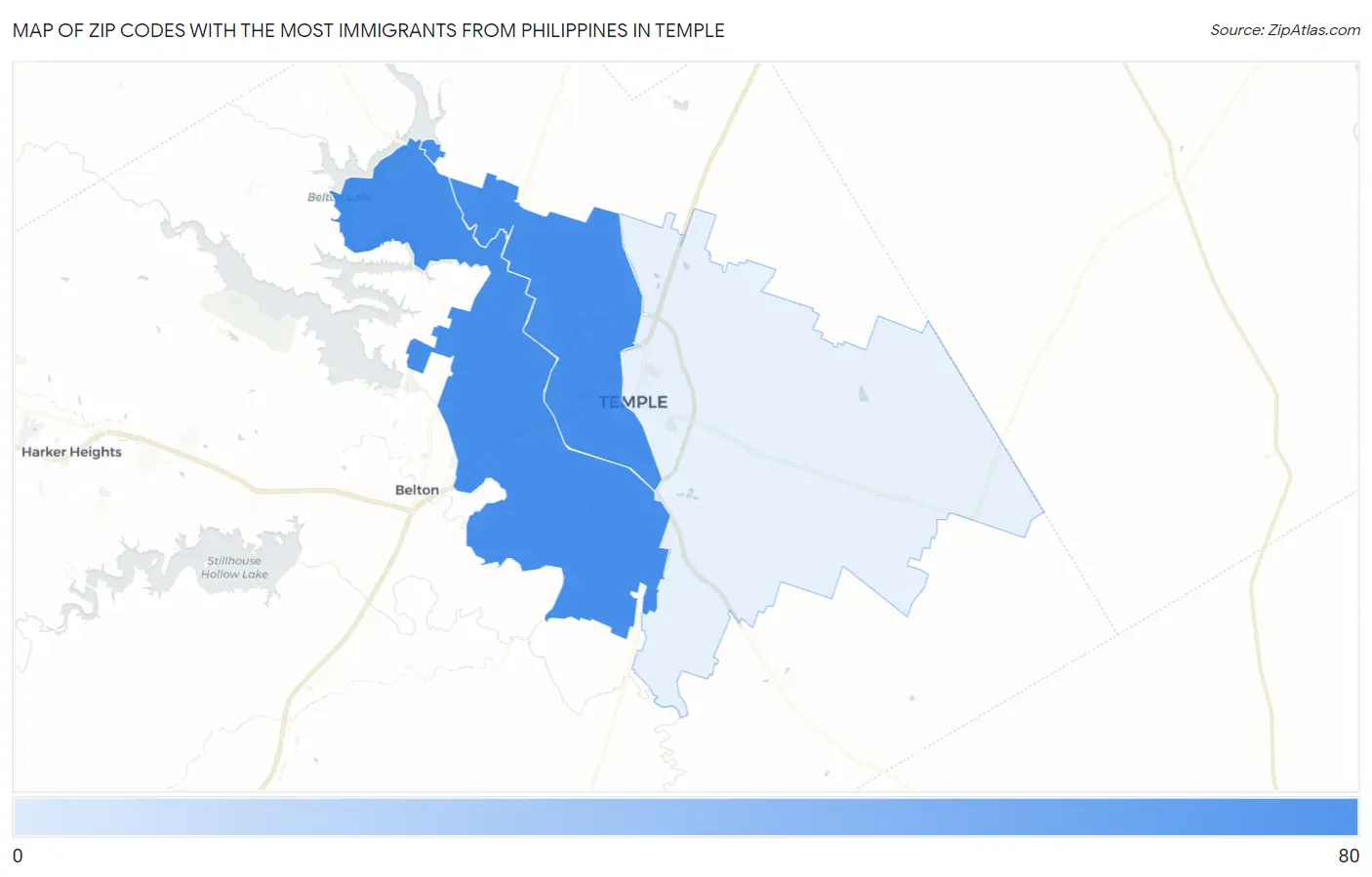 Zip Codes with the Most Immigrants from Philippines in Temple Map