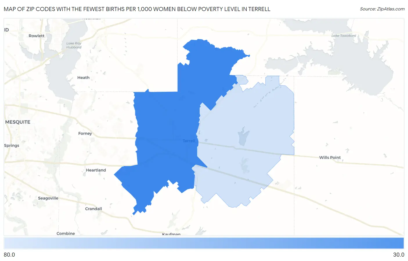 Zip Codes with the Fewest Births per 1,000 Women Below Poverty Level in Terrell Map