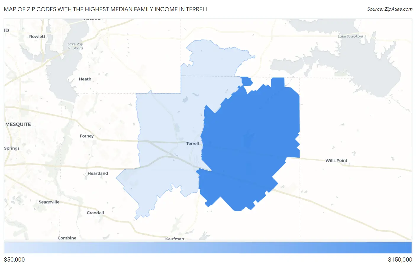 Zip Codes with the Highest Median Family Income in Terrell Map