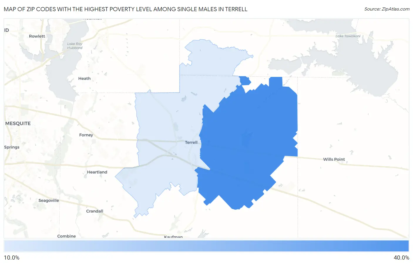 Zip Codes with the Highest Poverty Level Among Single Males in Terrell Map
