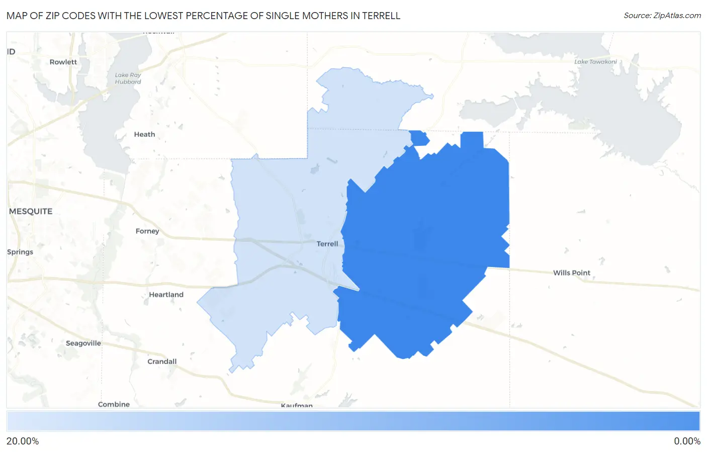Zip Codes with the Lowest Percentage of Single Mothers in Terrell Map