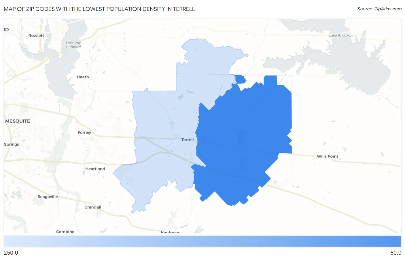 Zip Codes with the Lowest Population Density in Terrell Map