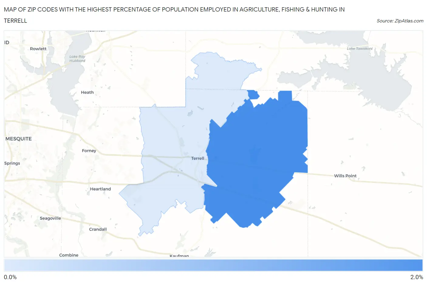 Zip Codes with the Highest Percentage of Population Employed in Agriculture, Fishing & Hunting in Terrell Map