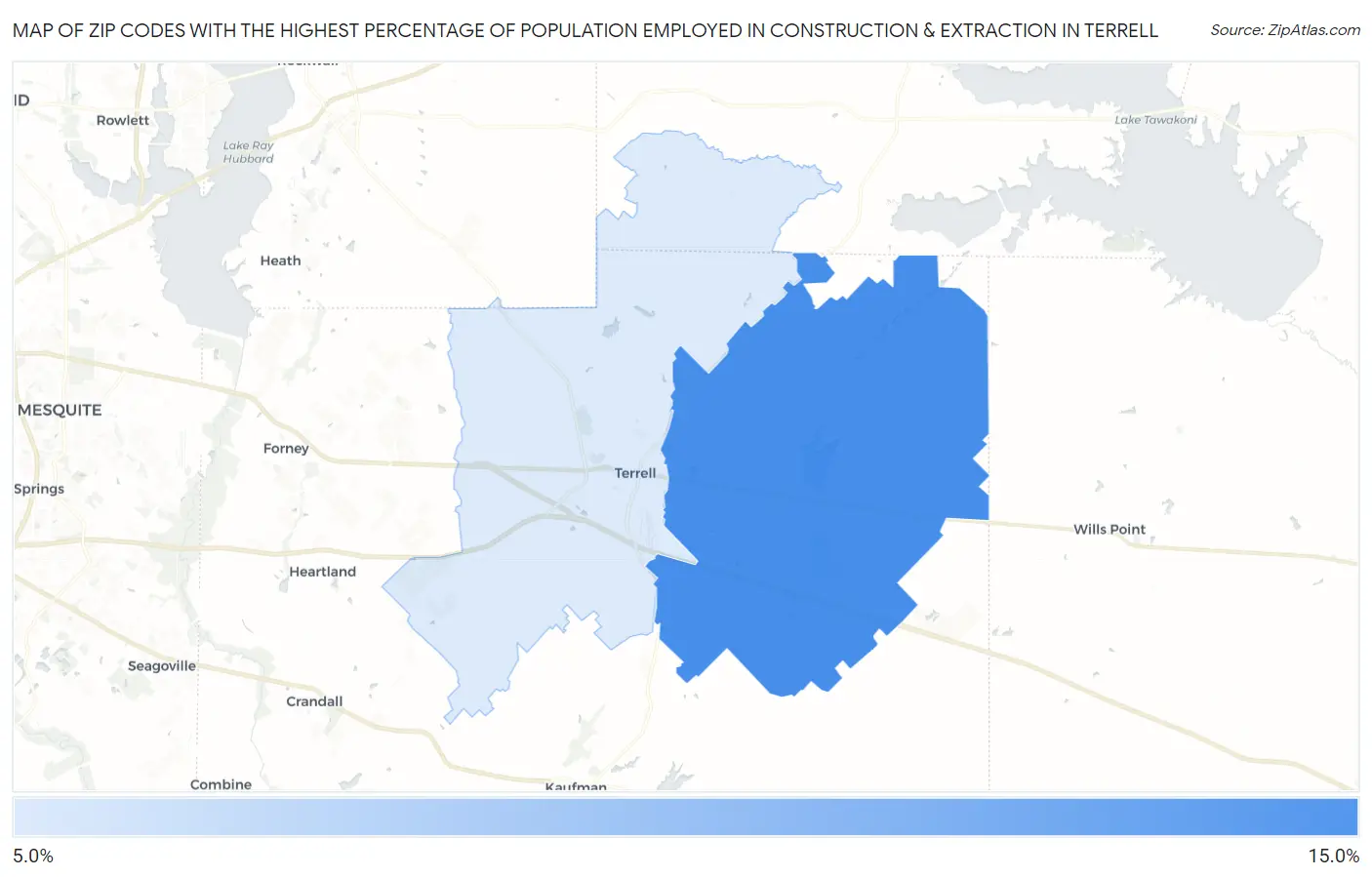 Zip Codes with the Highest Percentage of Population Employed in Construction & Extraction in Terrell Map
