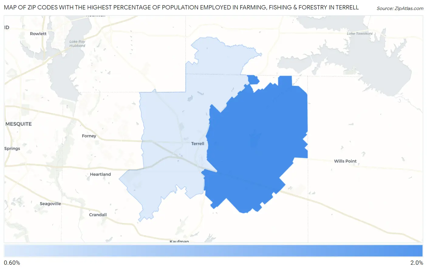 Zip Codes with the Highest Percentage of Population Employed in Farming, Fishing & Forestry in Terrell Map