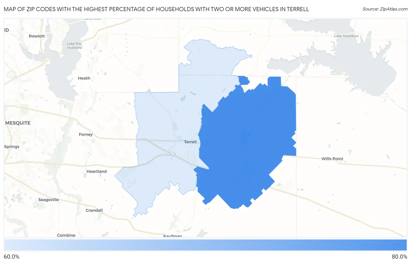 Zip Codes with the Highest Percentage of Households With Two or more Vehicles in Terrell Map