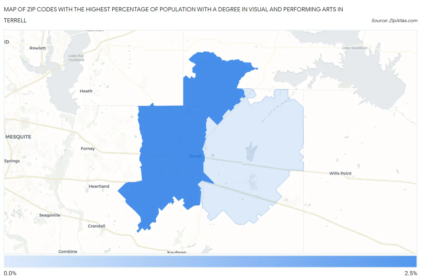Zip Codes with the Highest Percentage of Population with a Degree in Visual and Performing Arts in Terrell Map
