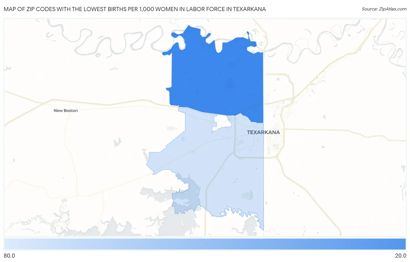 Zip Codes with the Lowest Births per 1,000 Women in Labor Force in Texarkana Map