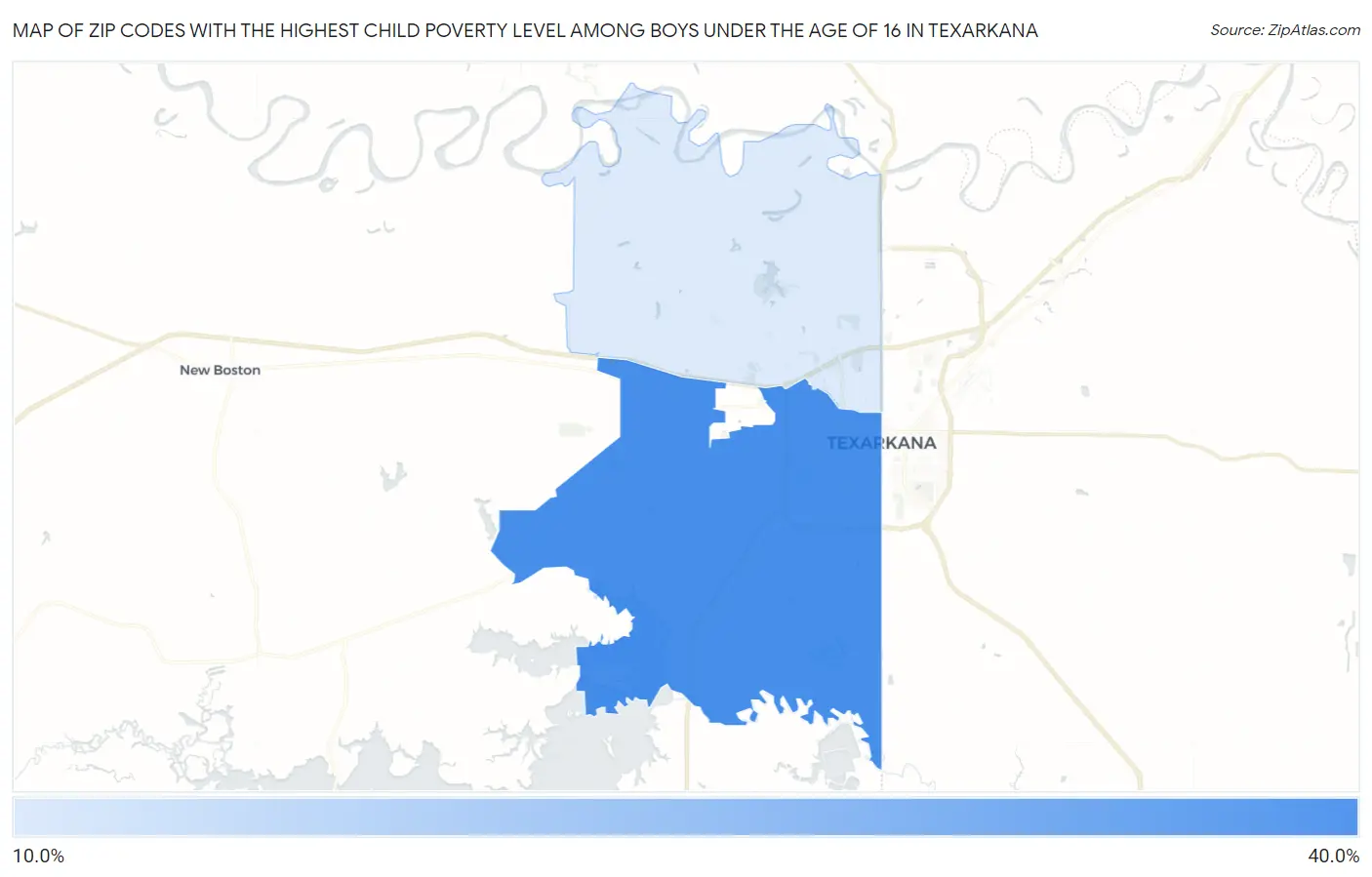 Zip Codes with the Highest Child Poverty Level Among Boys Under the Age of 16 in Texarkana Map