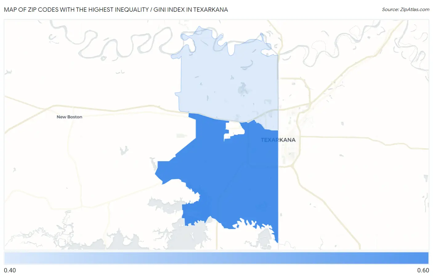 Zip Codes with the Highest Inequality / Gini Index in Texarkana Map