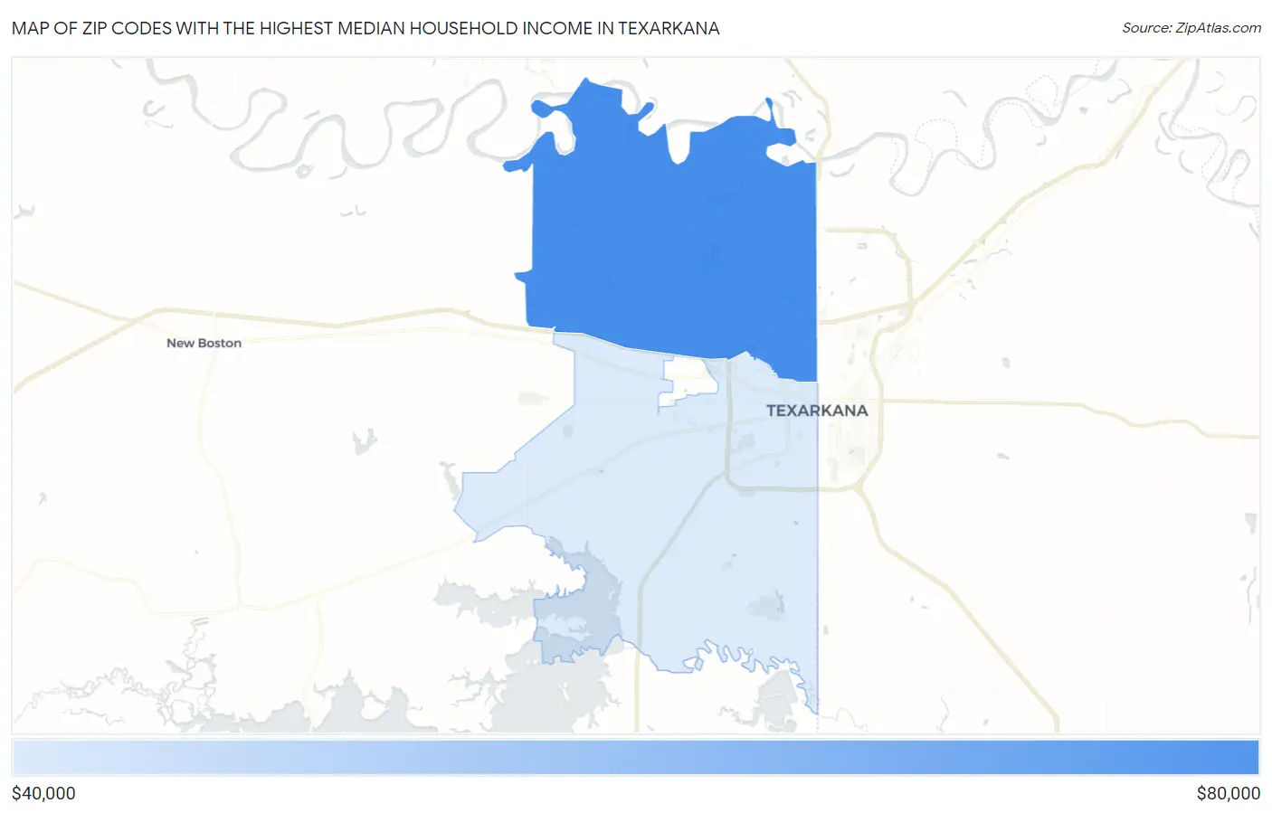 Zip Codes with the Highest Median Household Income in Texarkana Map