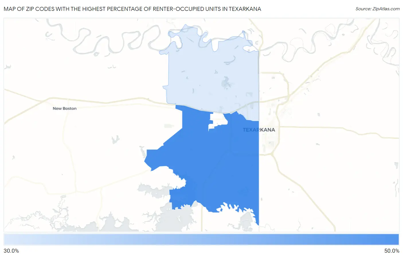 Zip Codes with the Highest Percentage of Renter-Occupied Units in Texarkana Map