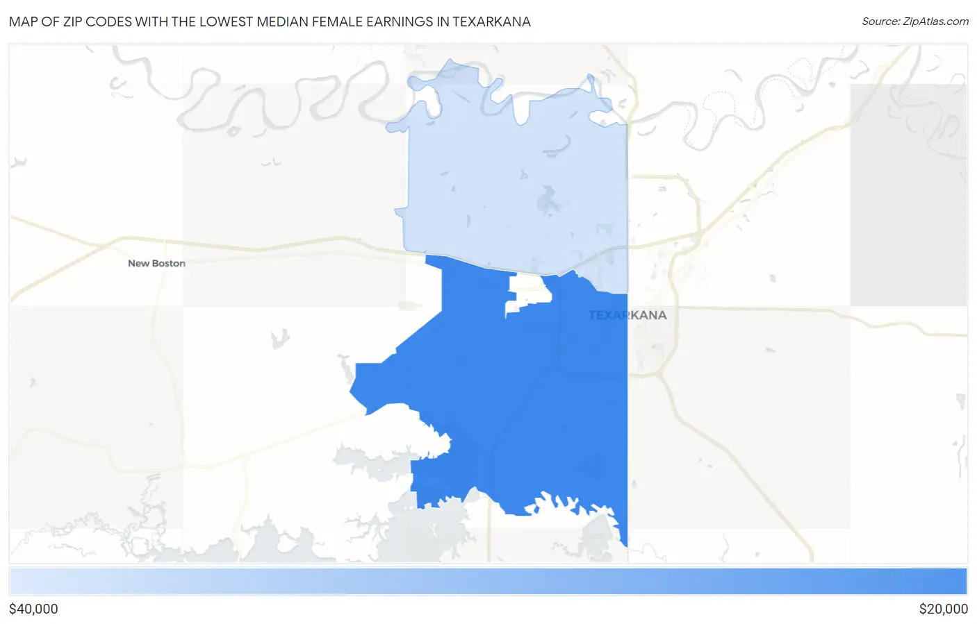 Zip Codes with the Lowest Median Female Earnings in Texarkana Map
