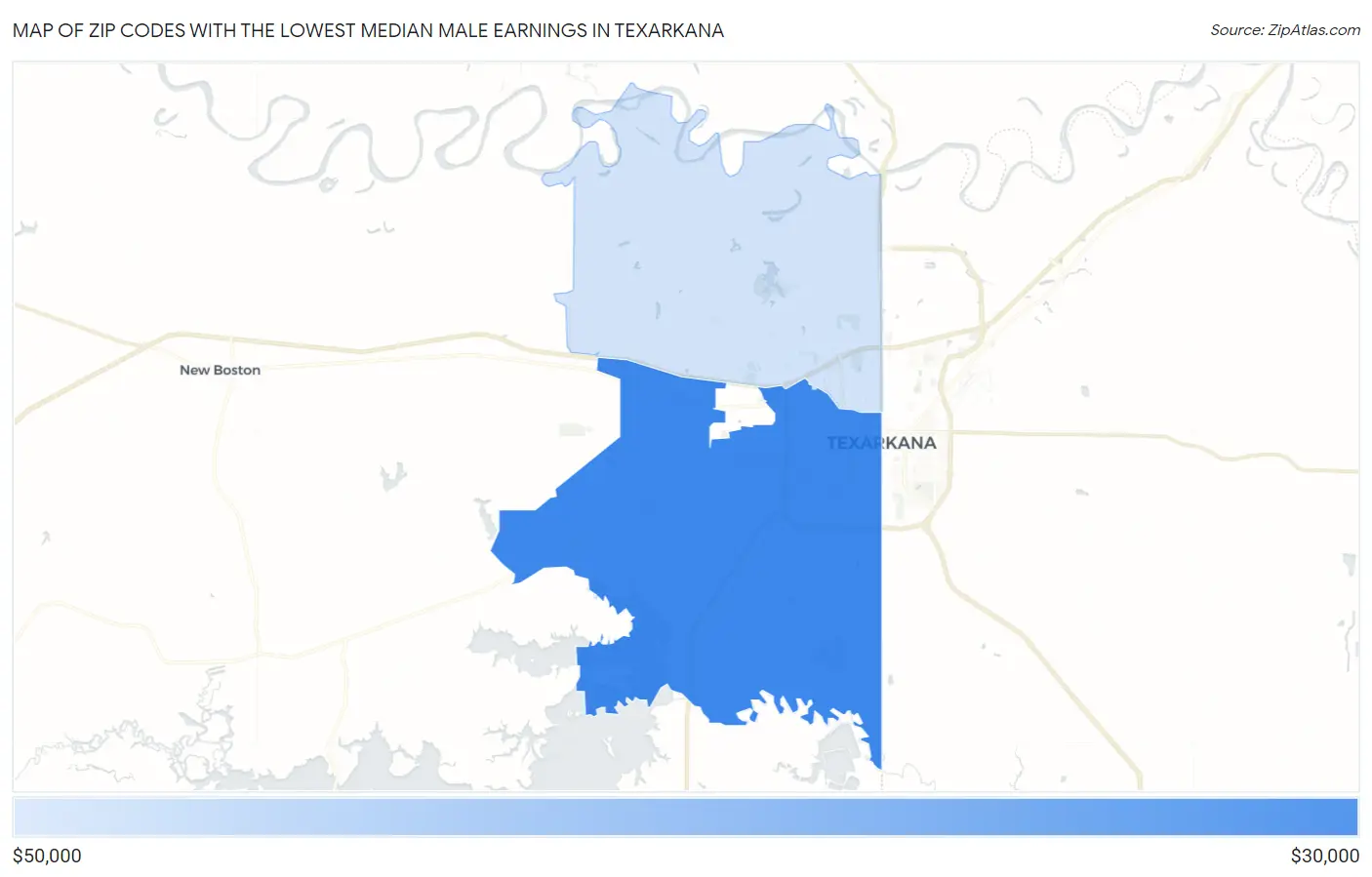 Zip Codes with the Lowest Median Male Earnings in Texarkana Map