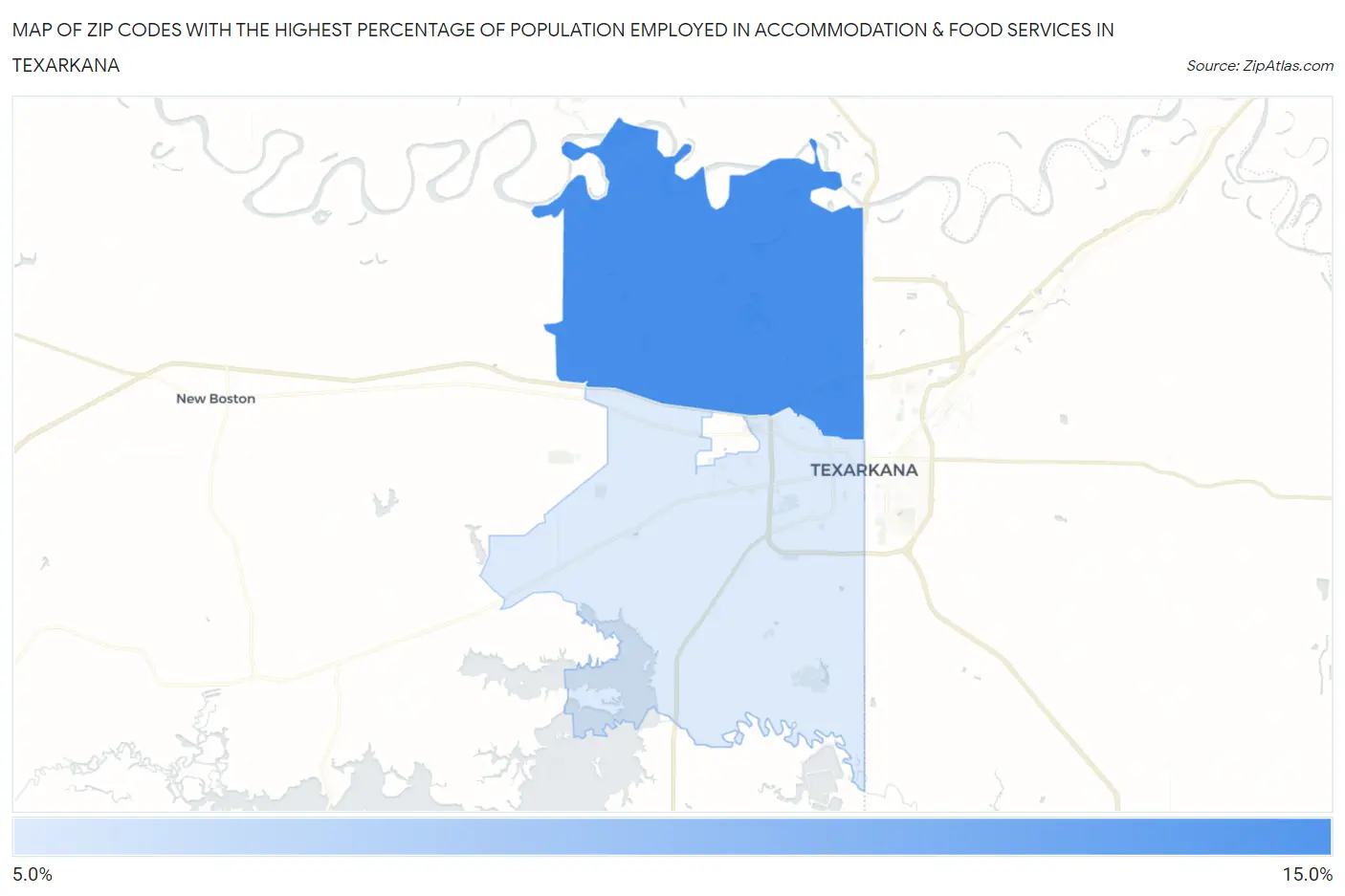 Zip Codes with the Highest Percentage of Population Employed in Accommodation & Food Services in Texarkana Map