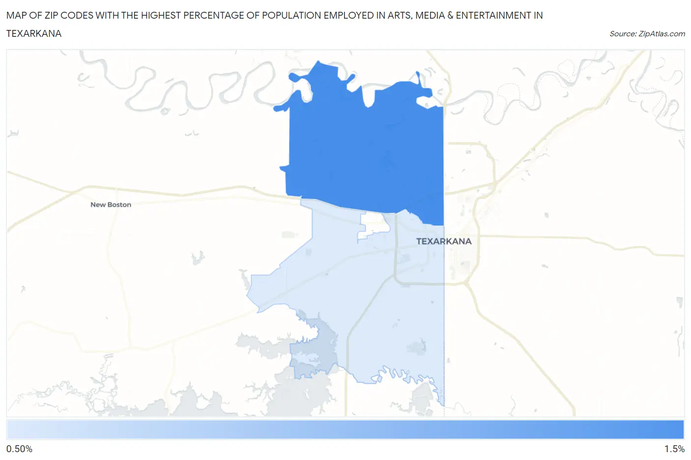 Zip Codes with the Highest Percentage of Population Employed in Arts, Media & Entertainment in Texarkana Map
