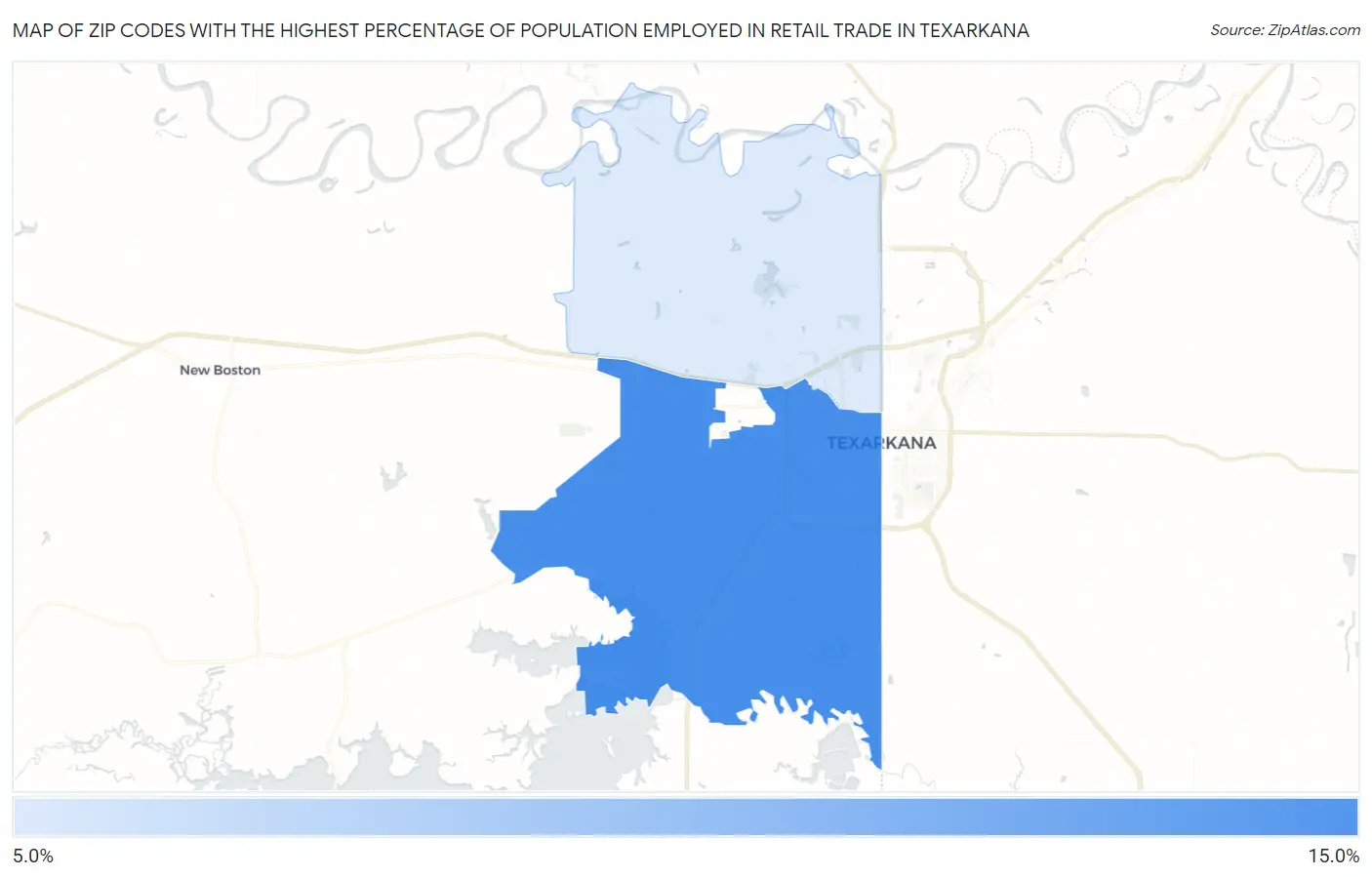 Zip Codes with the Highest Percentage of Population Employed in Retail Trade in Texarkana Map