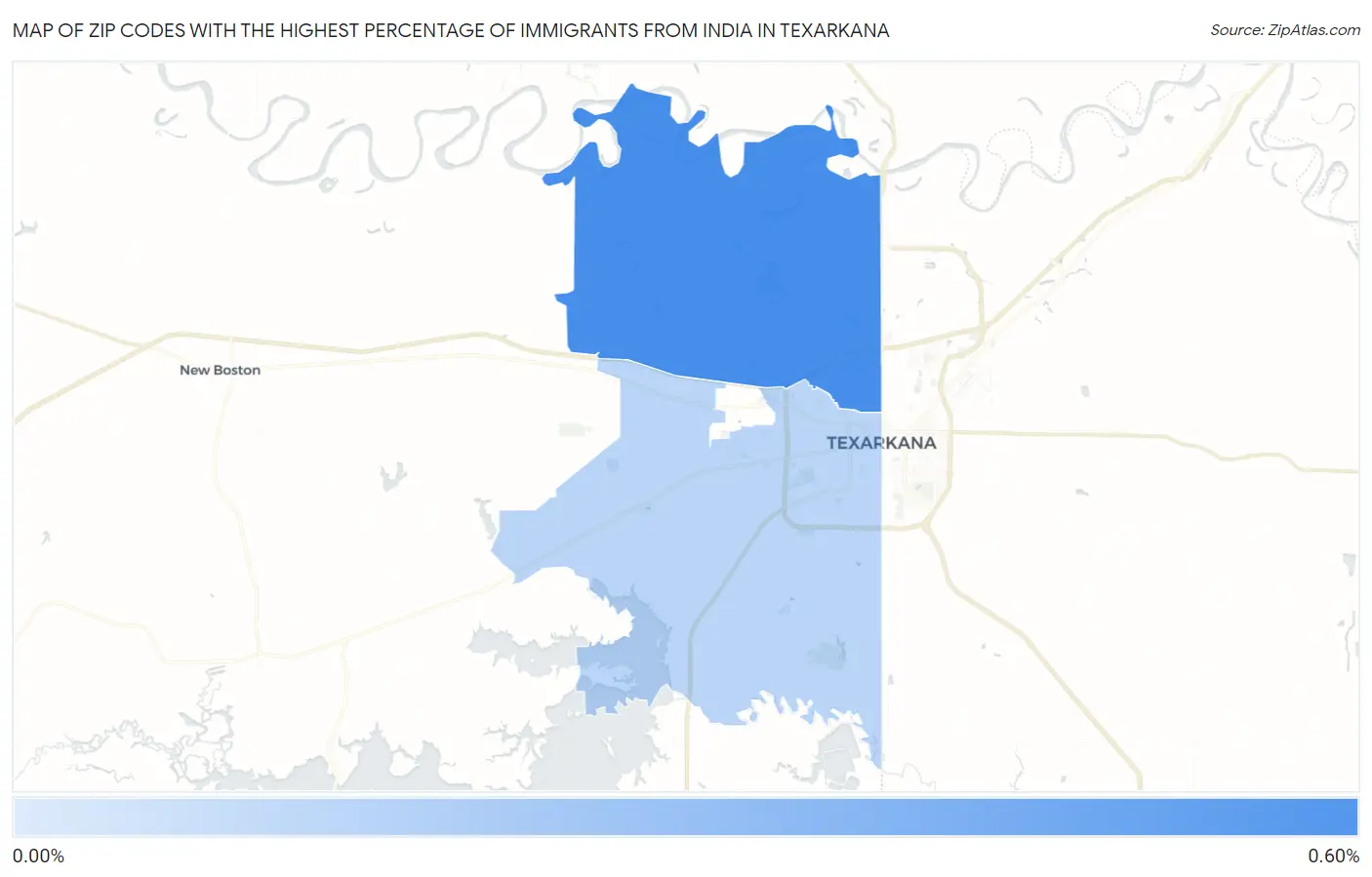 Zip Codes with the Highest Percentage of Immigrants from India in Texarkana Map