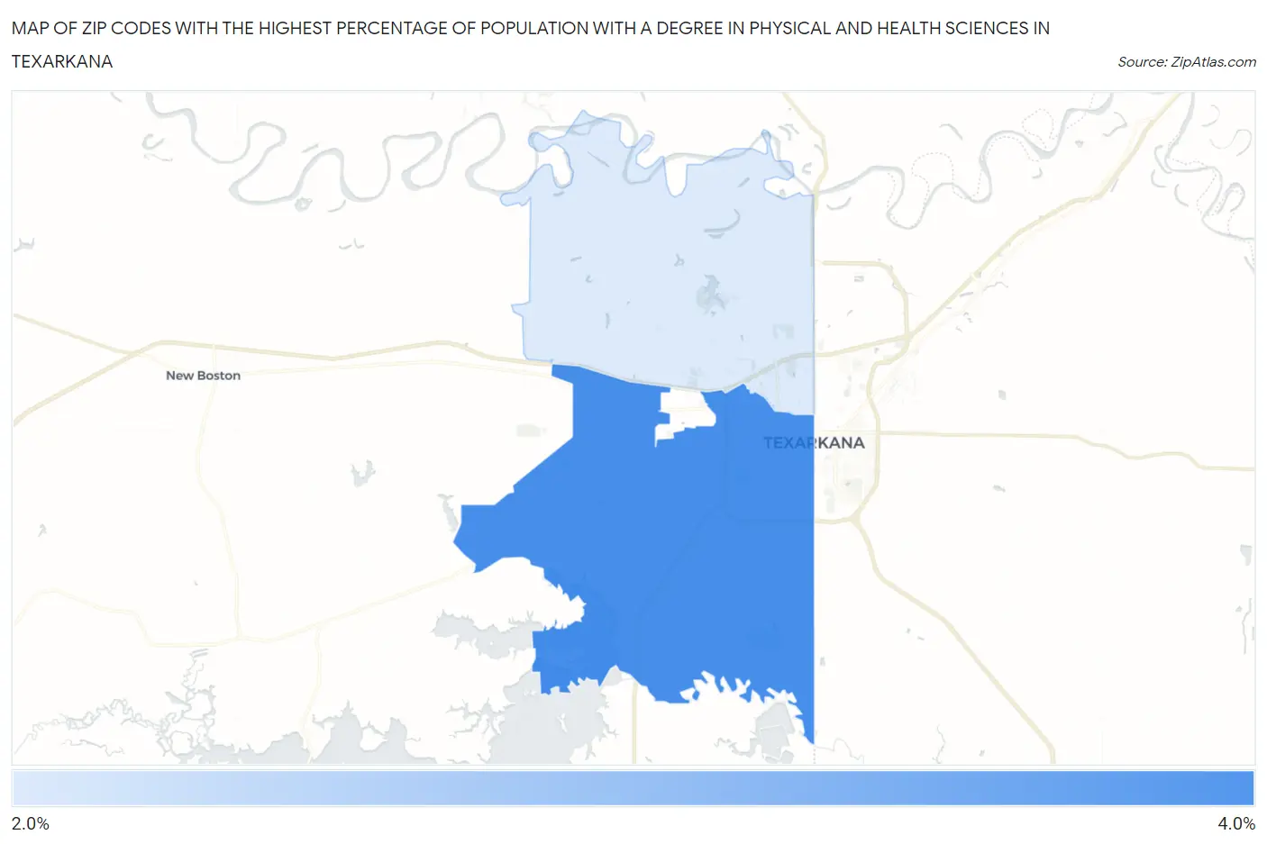 Zip Codes with the Highest Percentage of Population with a Degree in Physical and Health Sciences in Texarkana Map