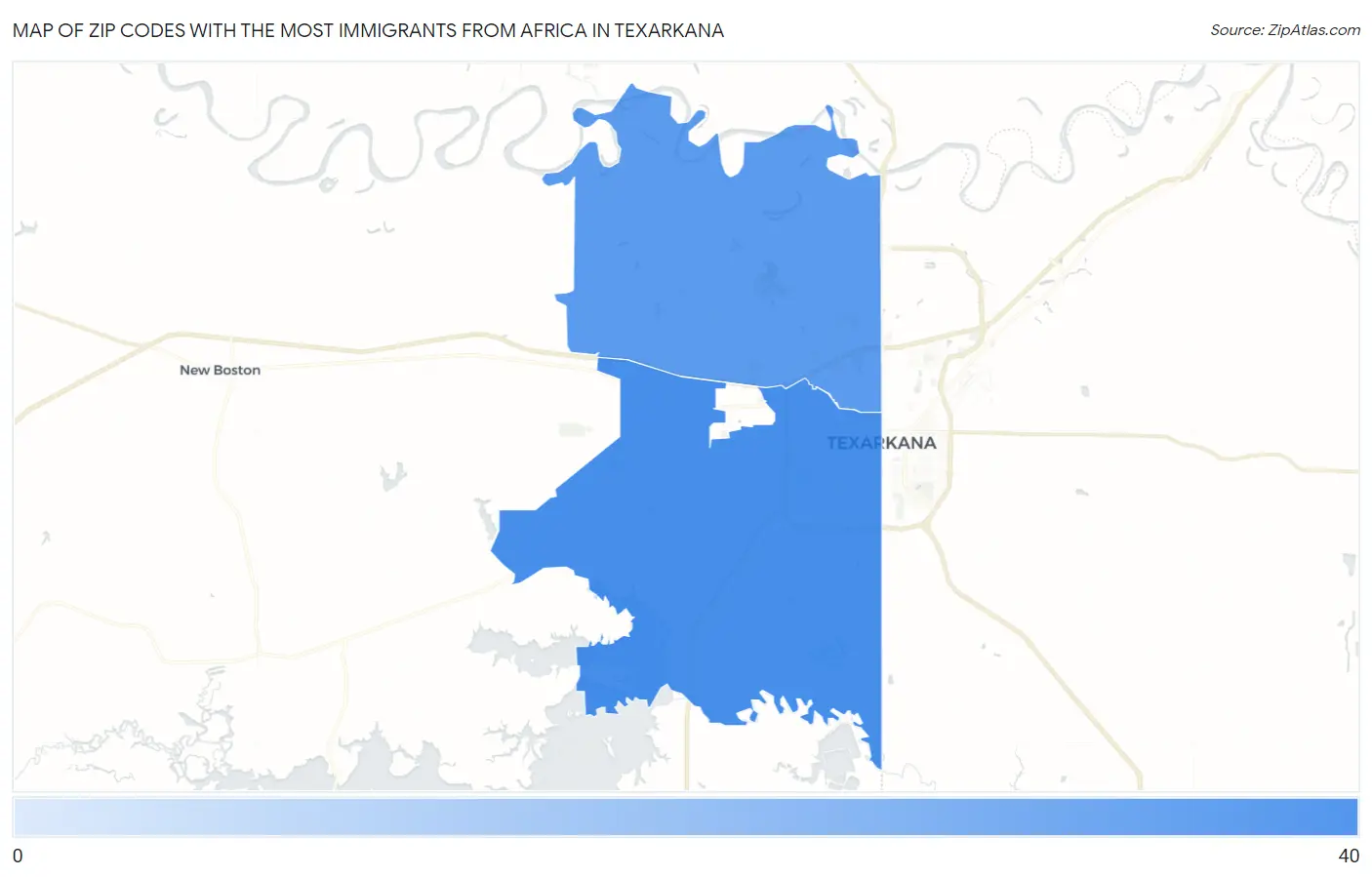Zip Codes with the Most Immigrants from Africa in Texarkana Map