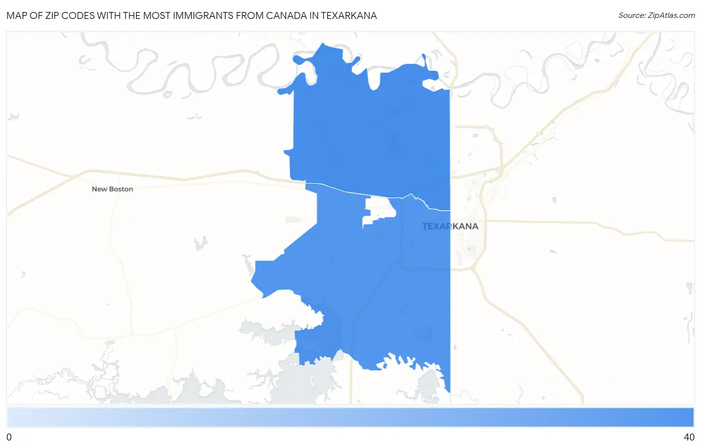Zip Codes with the Most Immigrants from Canada in Texarkana Map