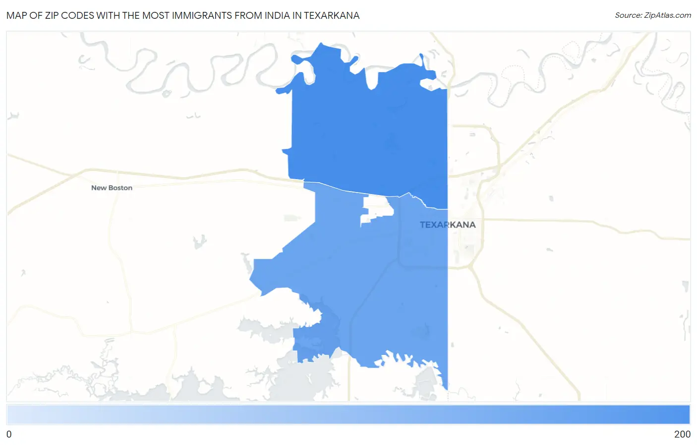 Zip Codes with the Most Immigrants from India in Texarkana Map