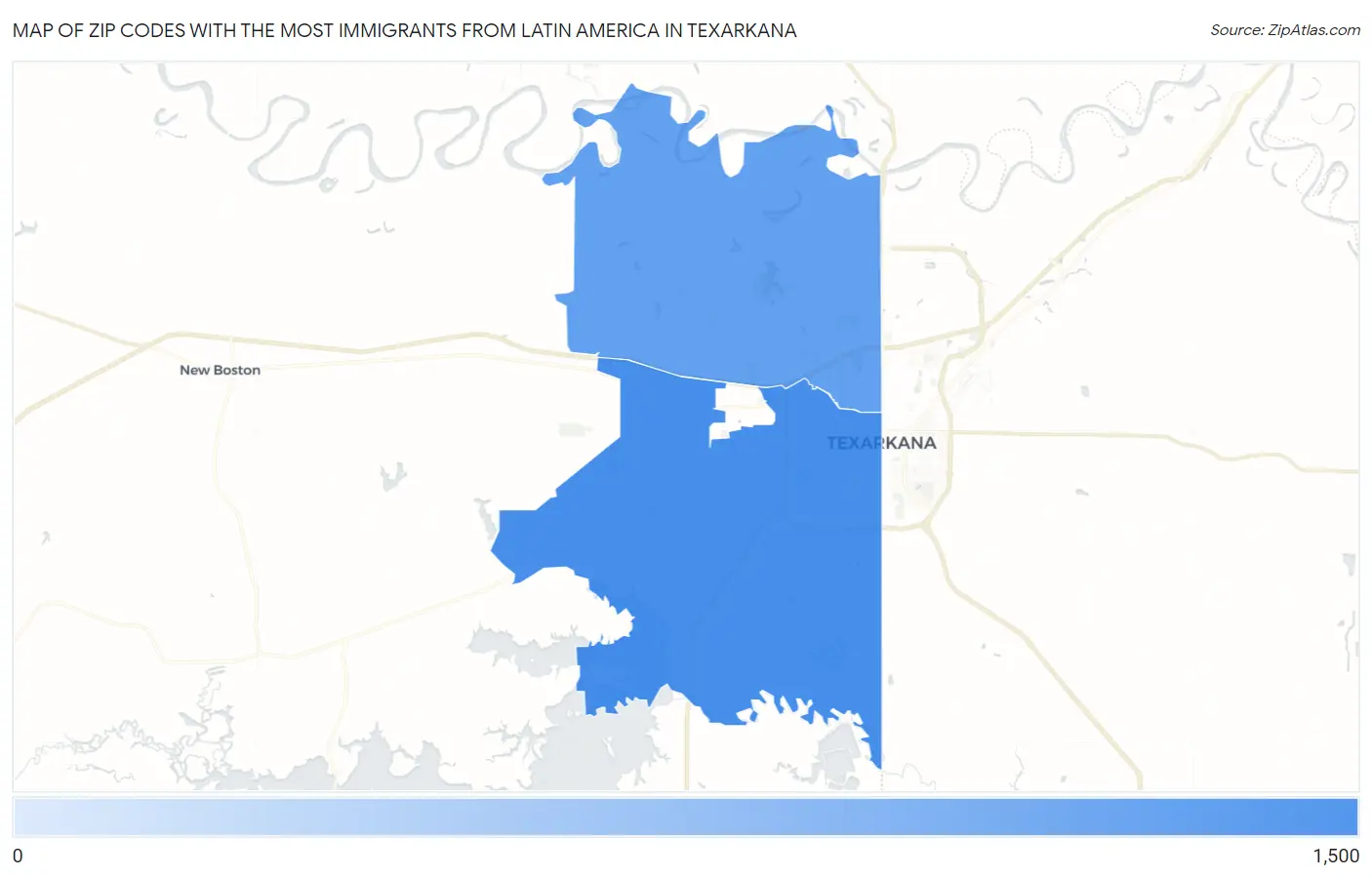 Zip Codes with the Most Immigrants from Latin America in Texarkana Map