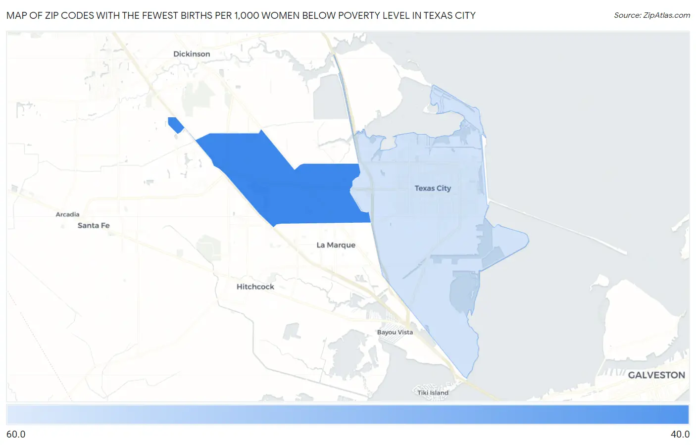 Zip Codes with the Fewest Births per 1,000 Women Below Poverty Level in Texas City Map