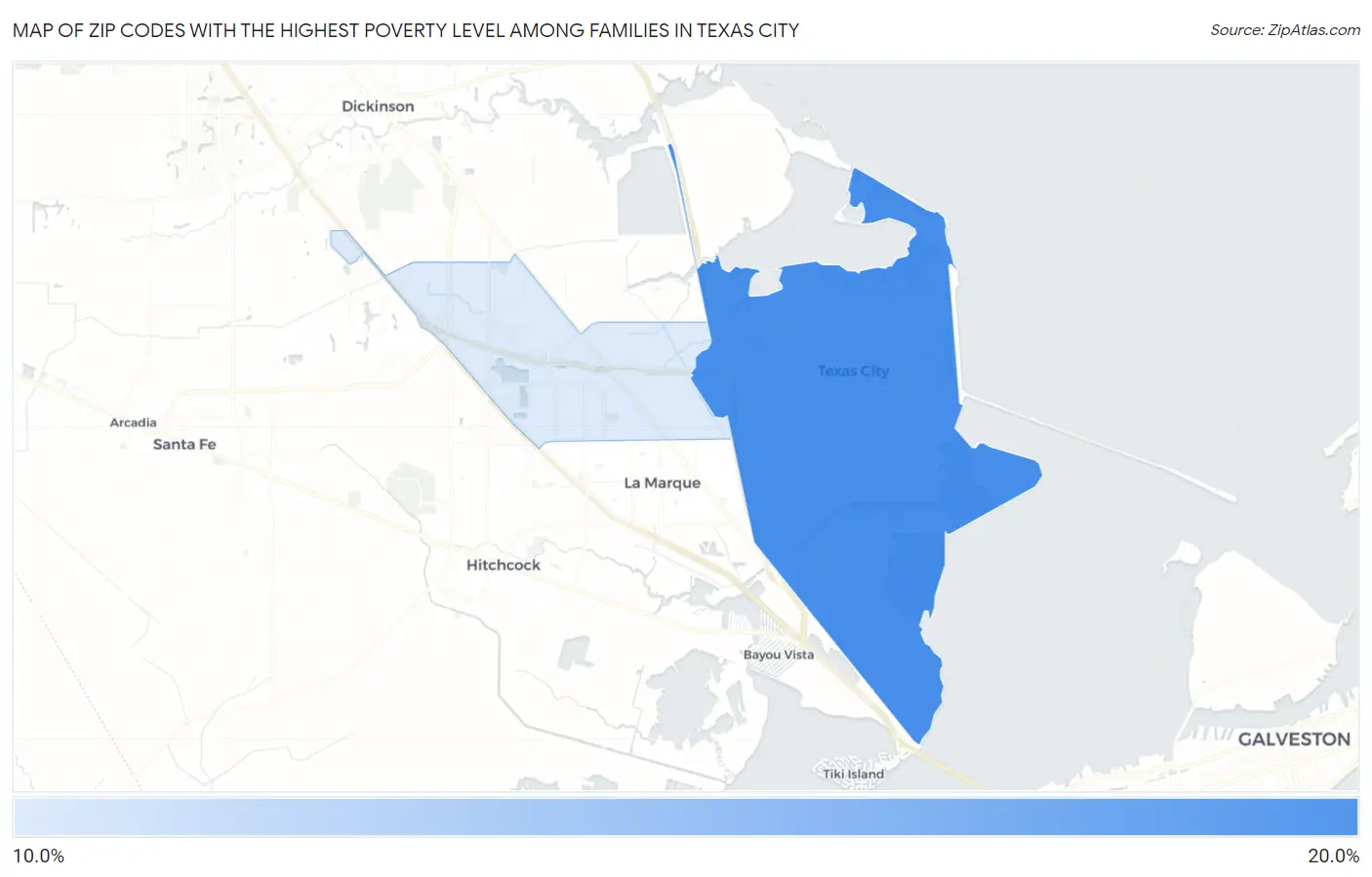 Zip Codes with the Highest Poverty Level Among Families in Texas City Map