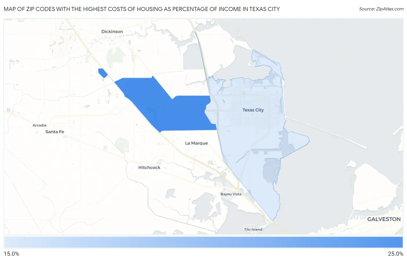 Zip Codes with the Highest Costs of Housing as Percentage of Income in Texas City Map