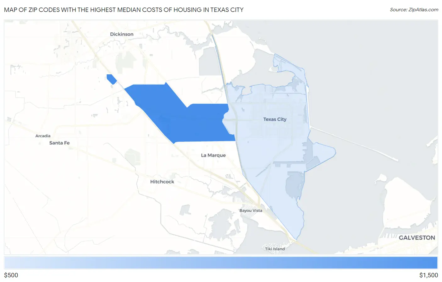 Zip Codes with the Highest Median Costs of Housing in Texas City Map