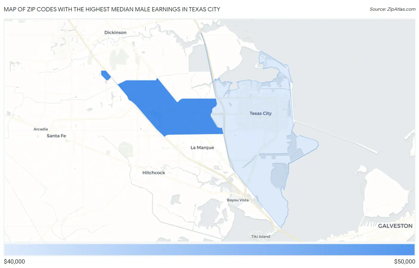 Zip Codes with the Highest Median Male Earnings in Texas City Map