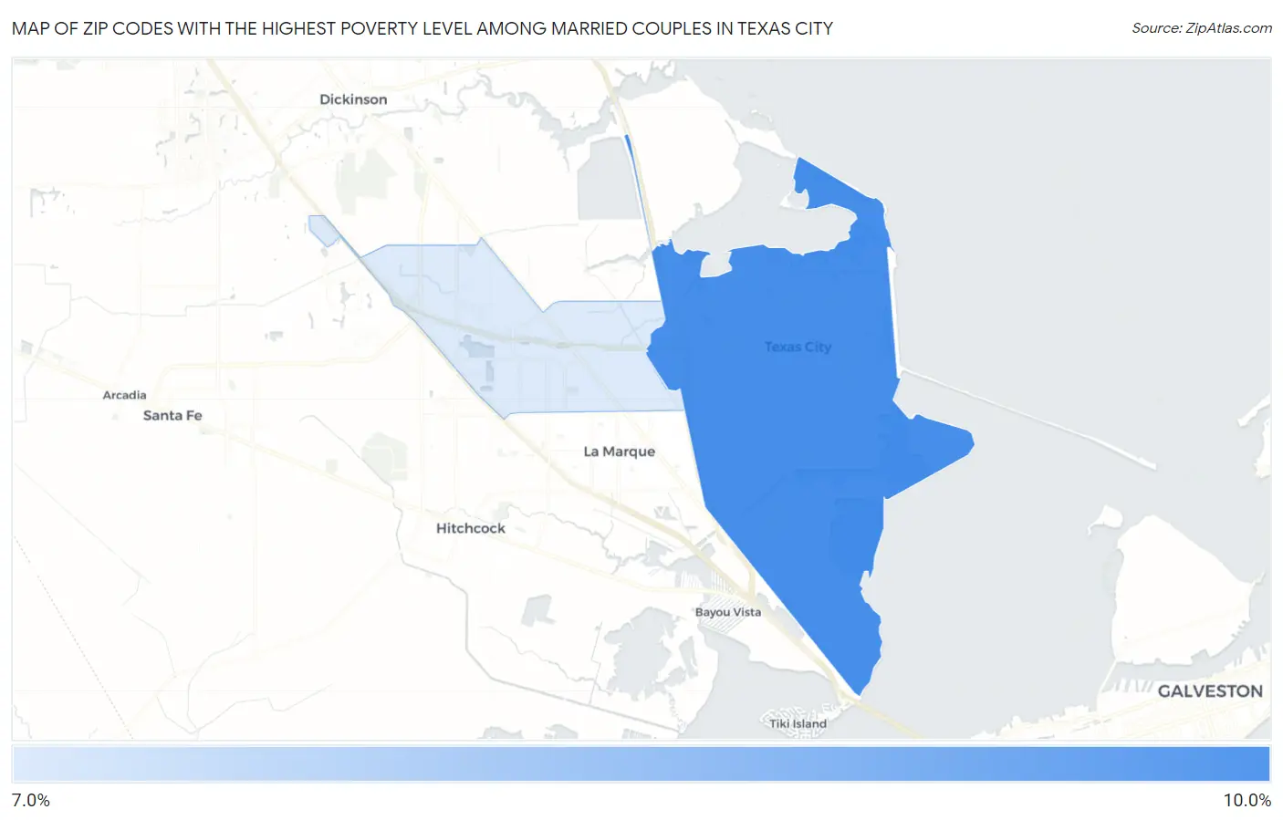 Zip Codes with the Highest Poverty Level Among Married Couples in Texas City Map