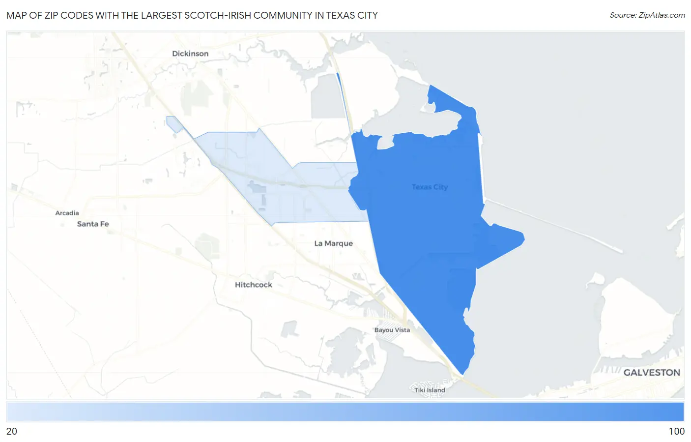 Zip Codes with the Largest Scotch-Irish Community in Texas City Map