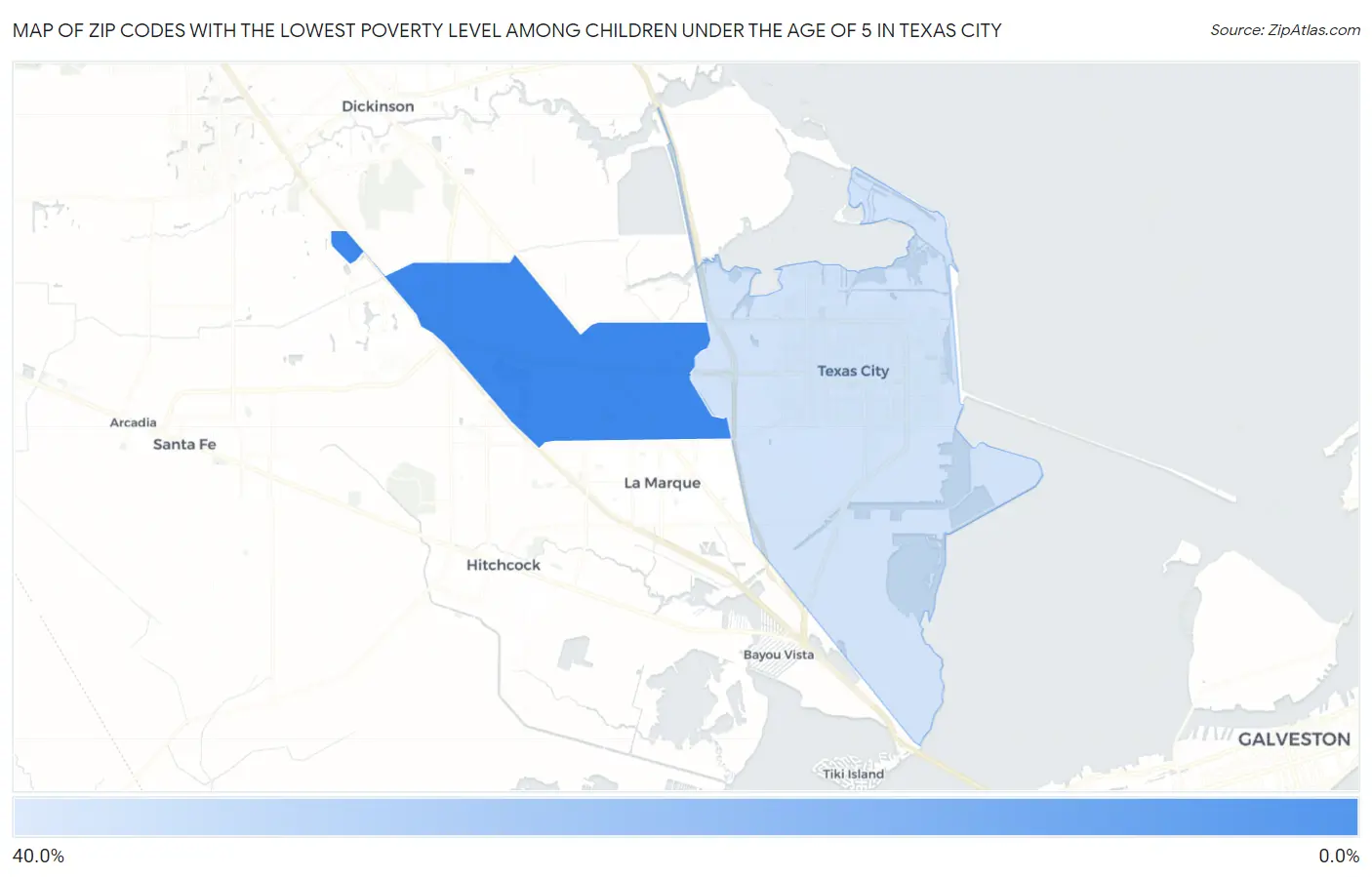 Zip Codes with the Lowest Poverty Level Among Children Under the Age of 5 in Texas City Map