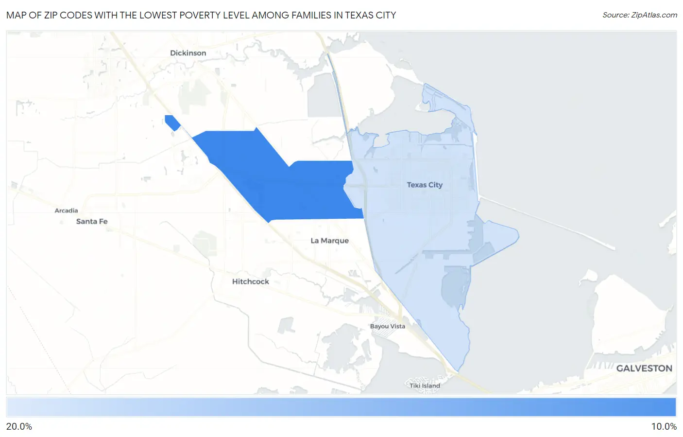 Zip Codes with the Lowest Poverty Level Among Families in Texas City Map