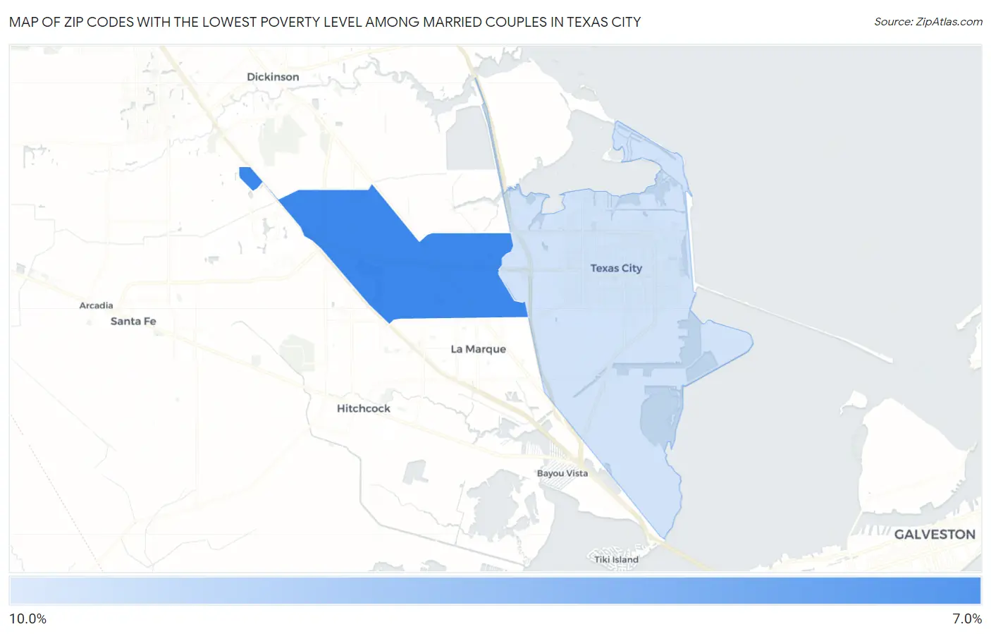 Zip Codes with the Lowest Poverty Level Among Married Couples in Texas City Map