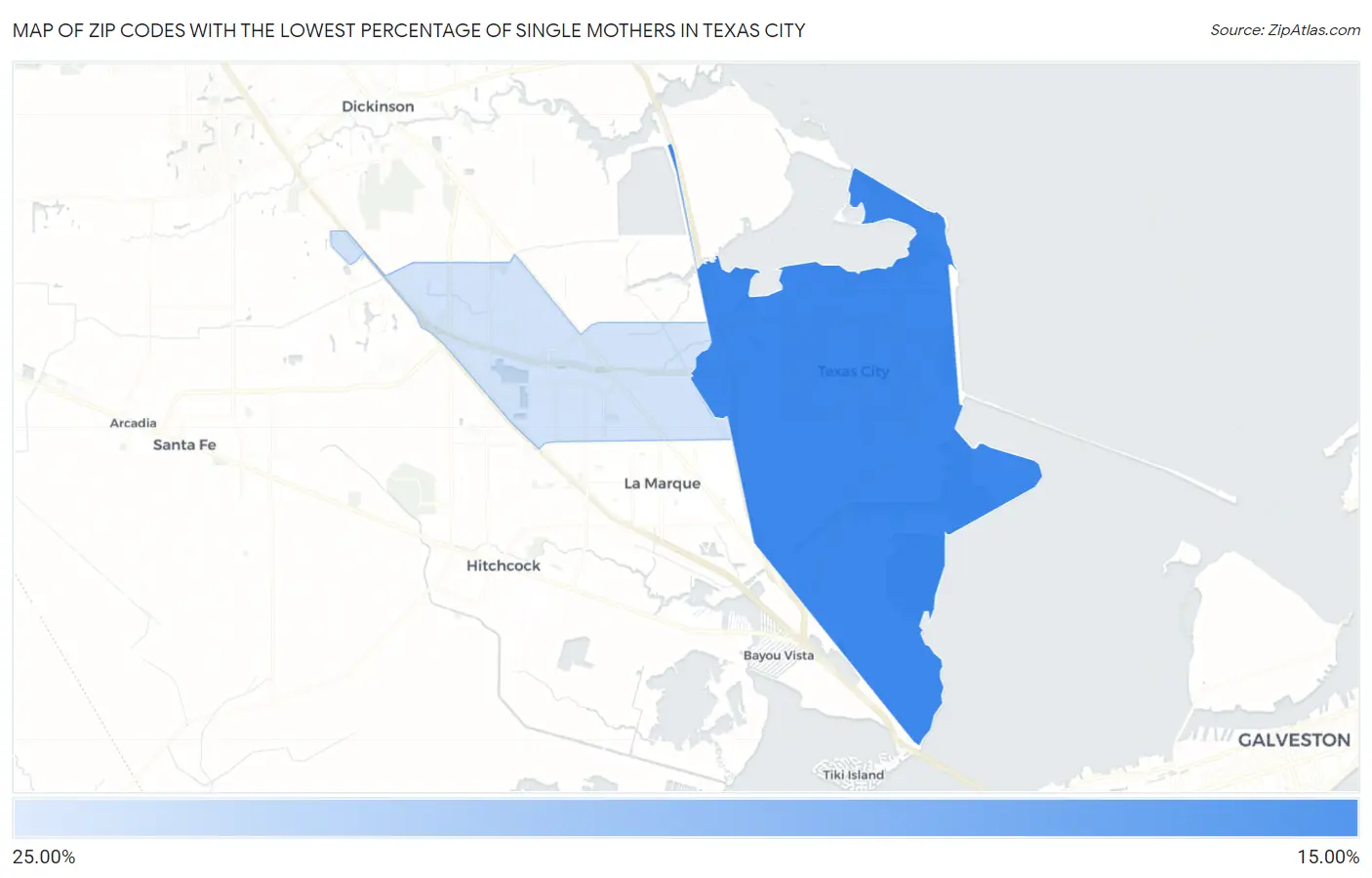 Zip Codes with the Lowest Percentage of Single Mothers in Texas City Map