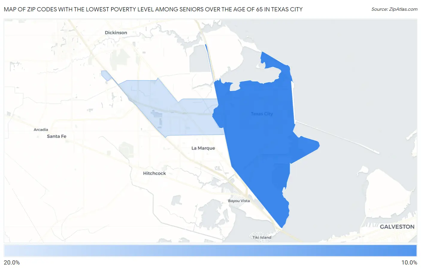 Zip Codes with the Lowest Poverty Level Among Seniors Over the Age of 65 in Texas City Map