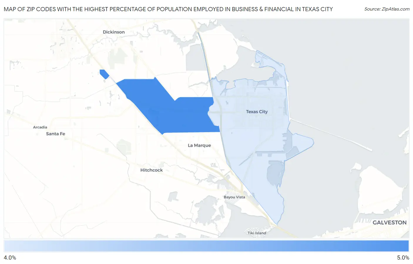 Zip Codes with the Highest Percentage of Population Employed in Business & Financial in Texas City Map