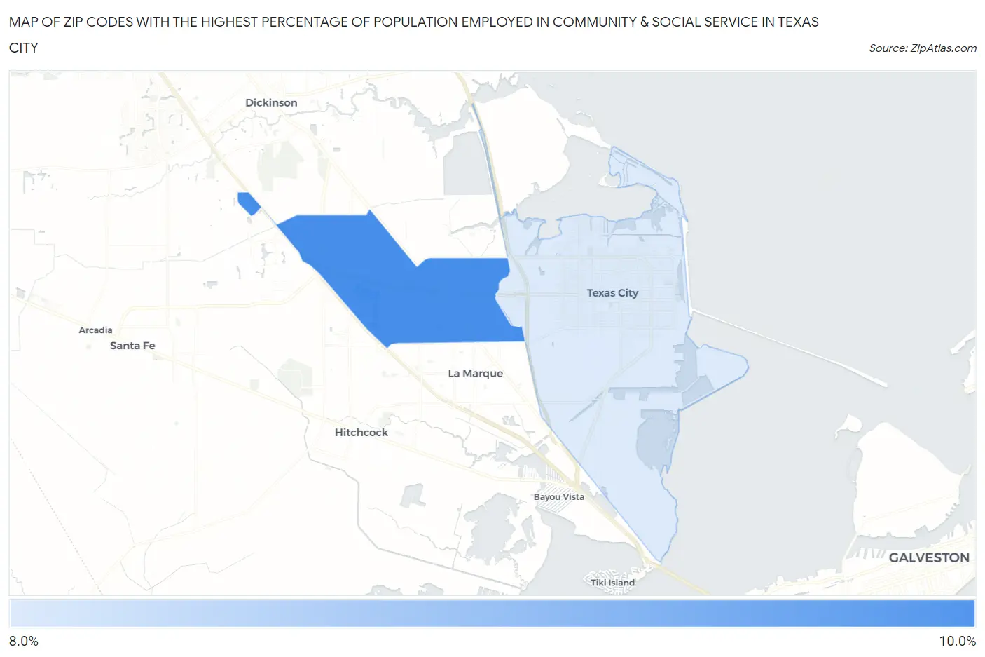 Zip Codes with the Highest Percentage of Population Employed in Community & Social Service  in Texas City Map