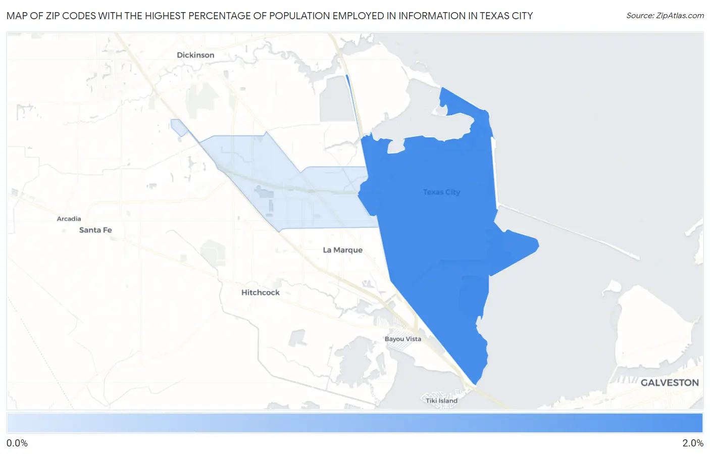 Zip Codes with the Highest Percentage of Population Employed in Information in Texas City Map