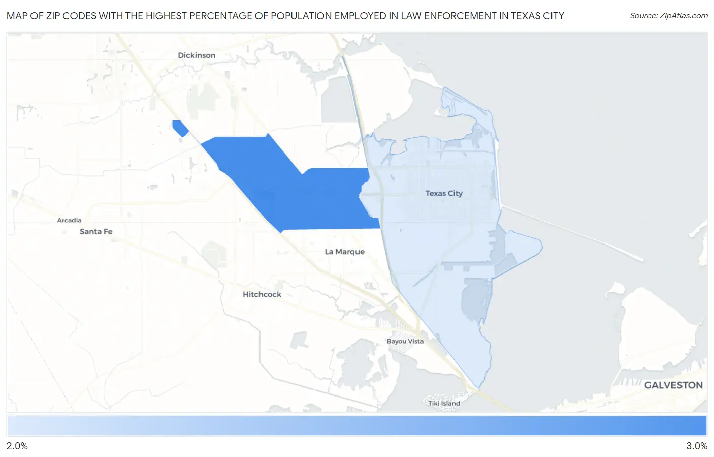 Zip Codes with the Highest Percentage of Population Employed in Law Enforcement in Texas City Map