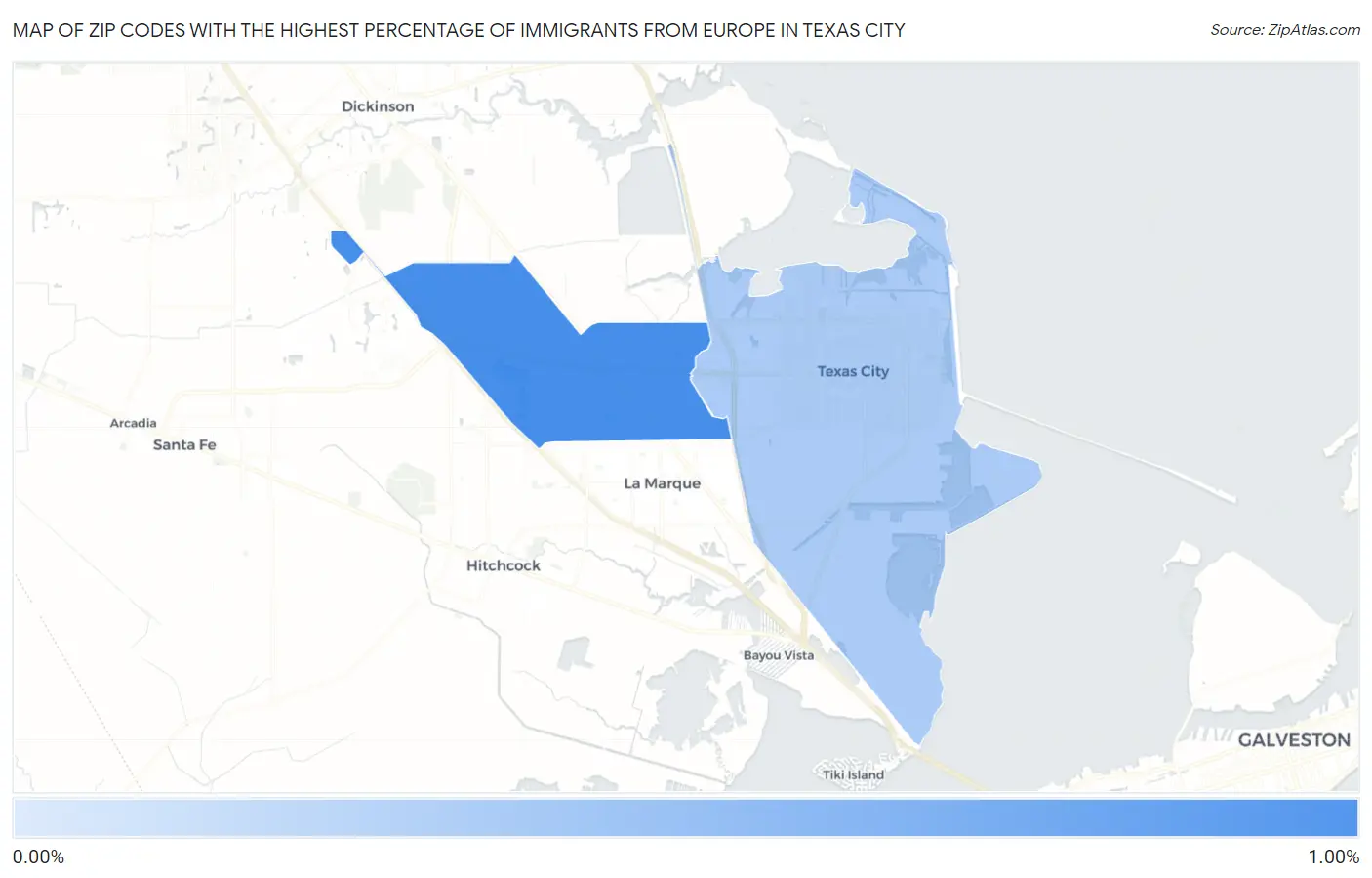 Zip Codes with the Highest Percentage of Immigrants from Europe in Texas City Map
