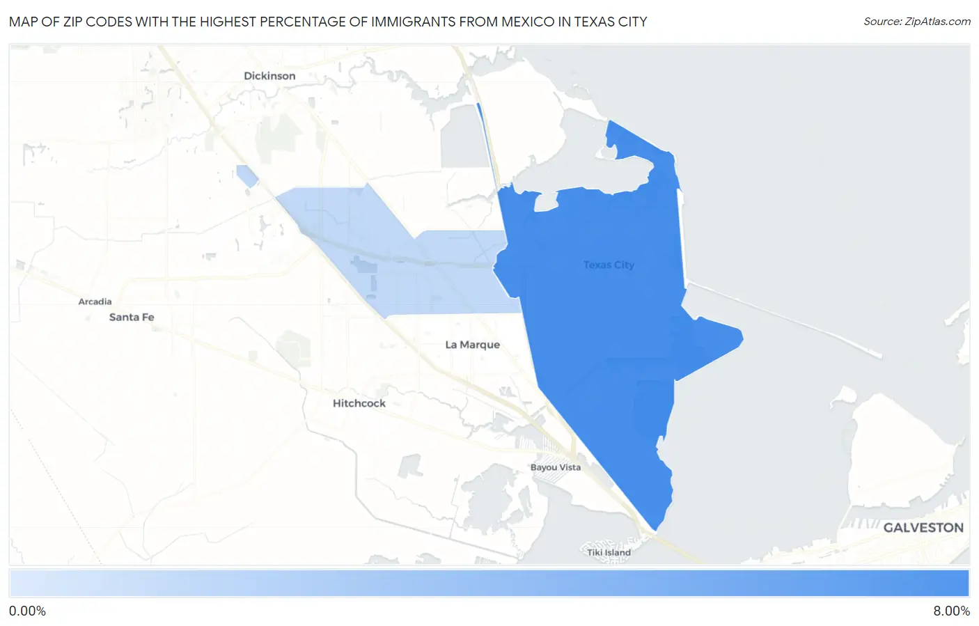 Zip Codes with the Highest Percentage of Immigrants from Mexico in Texas City Map