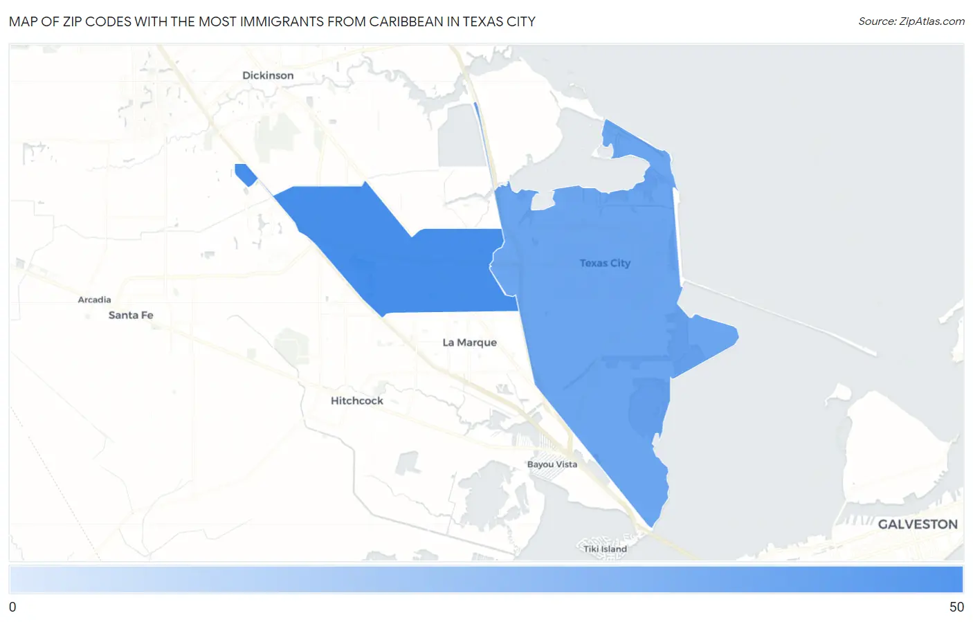 Zip Codes with the Most Immigrants from Caribbean in Texas City Map