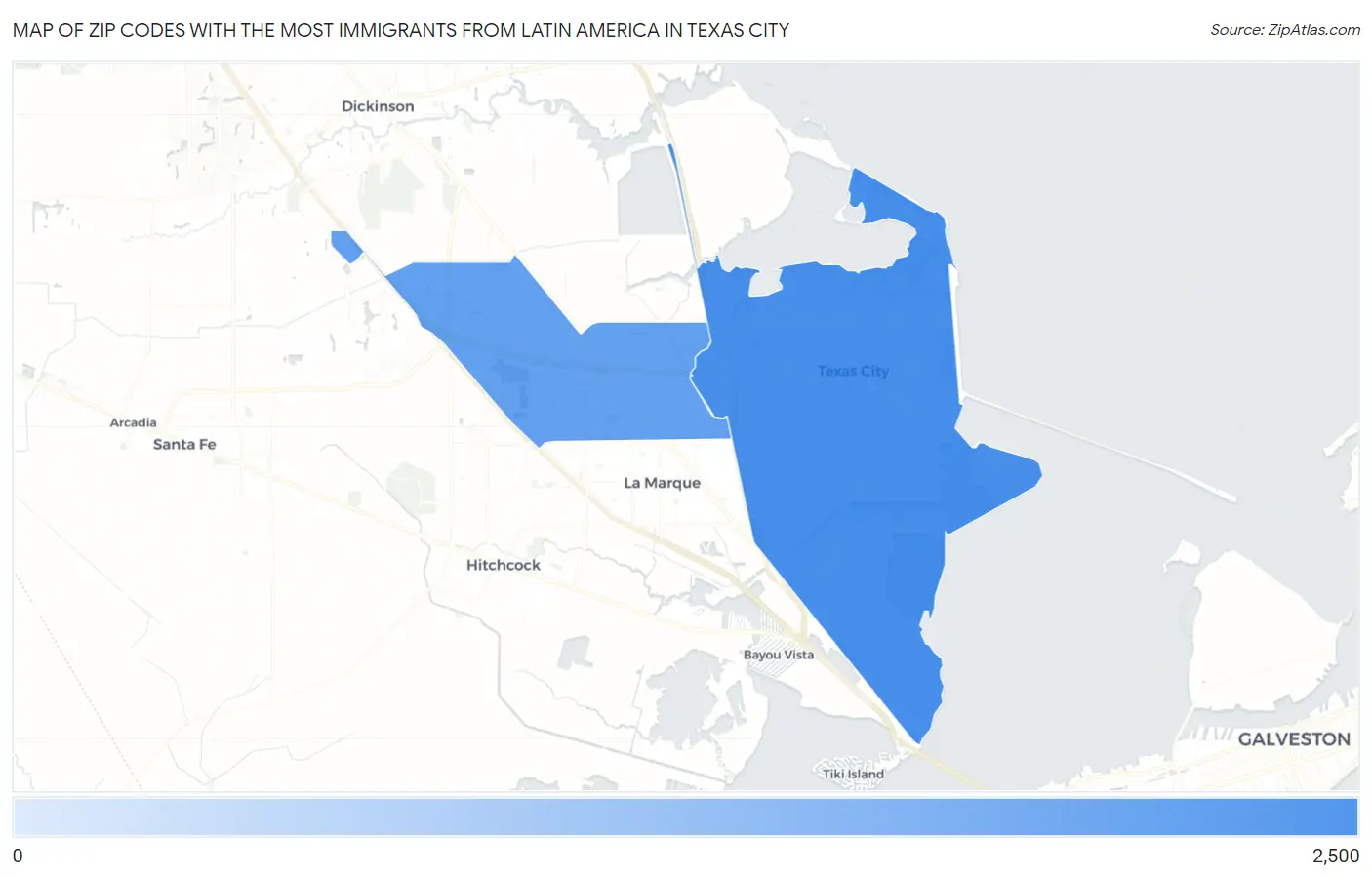 Zip Codes with the Most Immigrants from Latin America in Texas City Map